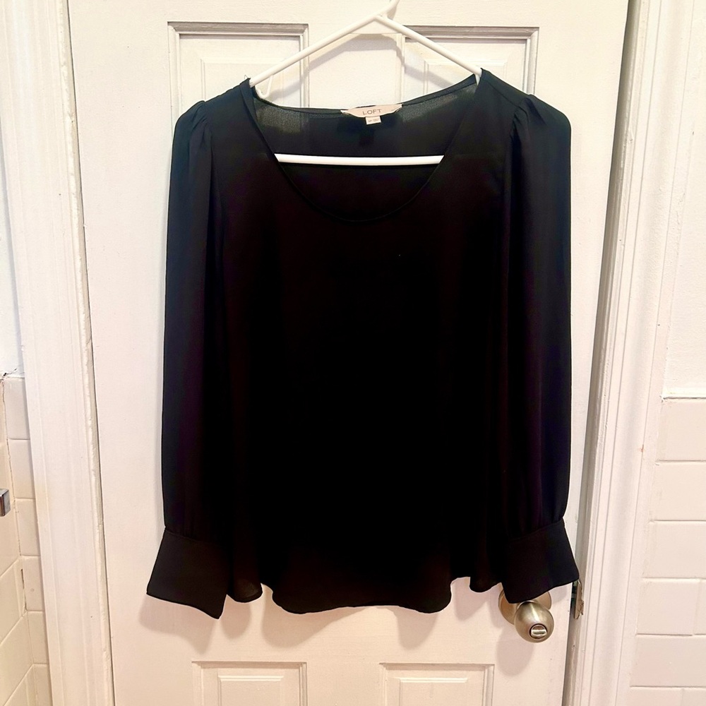 LOFT Long-sleeved Black Blouse with Gold Button Accents